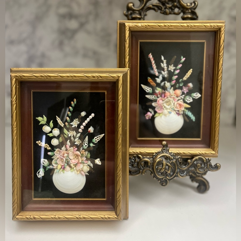 1930 Vintage Seashell Art,Original Dated 3D Flower Bouquet Shadow Box,Set of 2